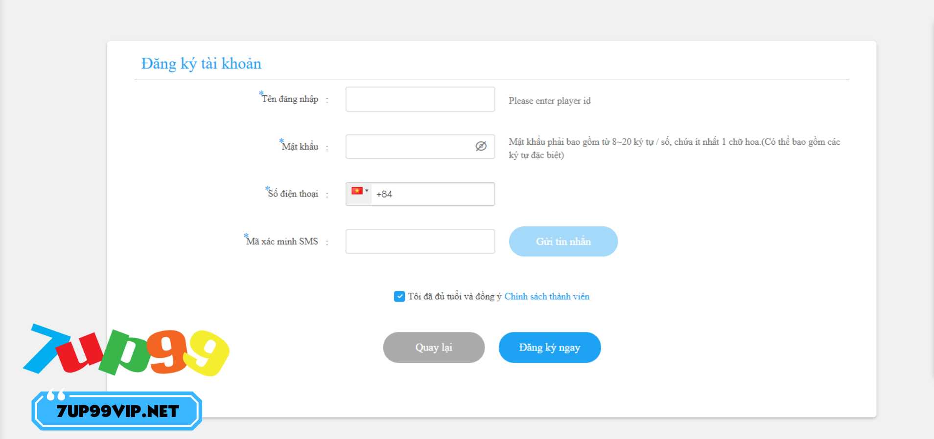Điền thông tin cá nhân để đăng ký 7up99